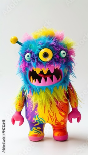 Vibrant monster toy featuring a playful rainbow color scheme and expressive features, perfect for children's play and imaginative fun.