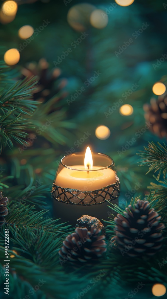 A lit candle atop a Christmas tree, surrounded by pine cones and string lights in the background A lit candle atop a Christmas tree, surrounded by pine cones and string lights in the background