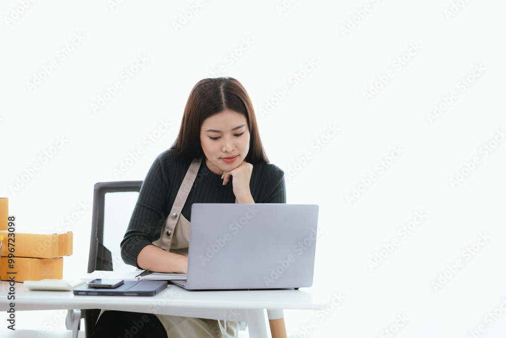 An Asian woman who found success in her e-commerce business, checking orders from a warehouse on her laptop, surrounded by boxes and inventory, fueling the growth of her small startup. An Asian woman who found success in her e-commerce business, checking orders from a warehouse on her laptop, surrounded by boxes and inventory, fueling the growth of her small startup.