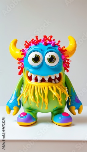 Vibrant monster toy featuring a playful rainbow color scheme and expressive features, perfect for children's play and imaginative fun.