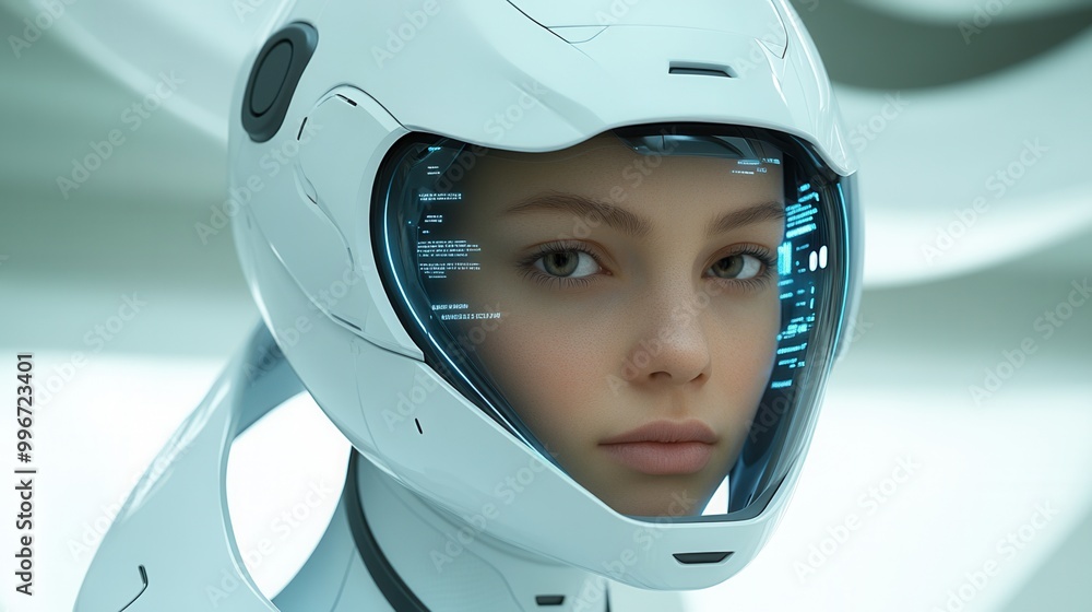 A futuristic female figure in a sleek helmet displaying advanced technology and digital interfaces, embodying innovation and science. A futuristic female figure in a sleek helmet displaying advanced technology and digital interfaces, embodying innovation and science.