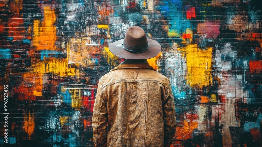 Man in hat observing vibrant abstract wall art. Man in hat observing vibrant abstract wall art.