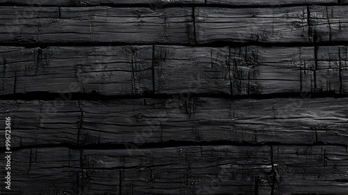 Burnt black wood texture. Charred charcoal. A wall made of damaged, scorched boards. Grunge template for design.