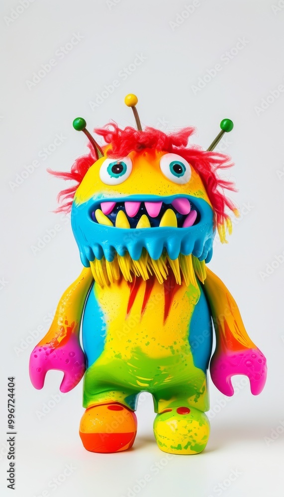 Fototapeta premium Colorful Furry Monster Toy With Big Eyes And Horns