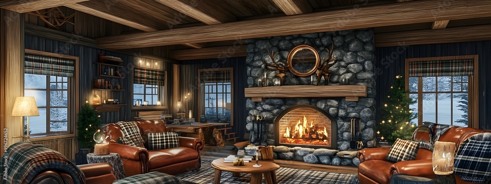 Cozy and inviting cabin inspired living space with a stone fireplace rustic wood beams plaid upholstery overstuffed leather armchairs and layered textures Cozy and inviting cabin inspired living space with a stone fireplace rustic wood beams plaid upholstery overstuffed leather armchairs and layered textures