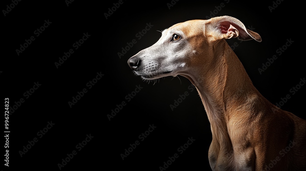 A tight shot of a dog's expressive face against a black backdrop, illuminated by a soft light above A tight shot of a dog's expressive face against a black backdrop, illuminated by a soft light above