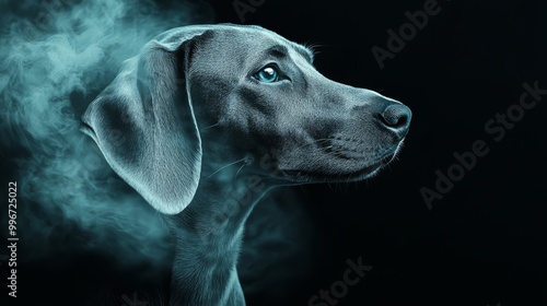  Close-up of a dog's face with smoking nostrils against a black backdrop