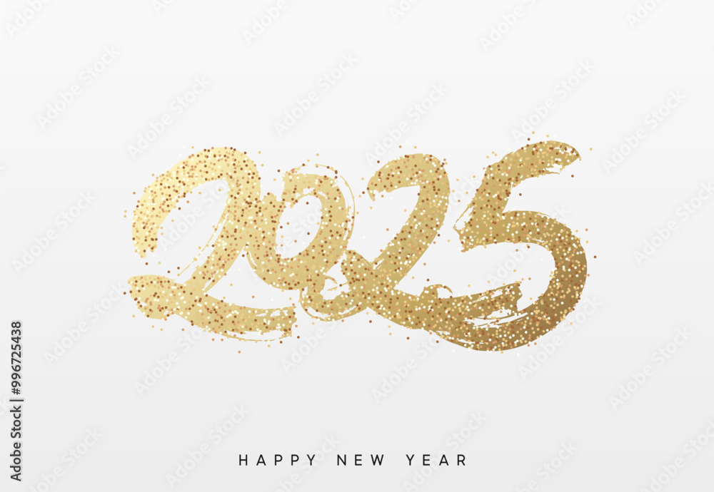 Happy New Year written number golden glitter 2025. Gold glittered 2025 text in a bold, hand painted style on a white background. Vector illustration Happy New Year written number golden glitter 2025. Gold glittered 2025 text in a bold, hand painted style on a white background. Vector illustration