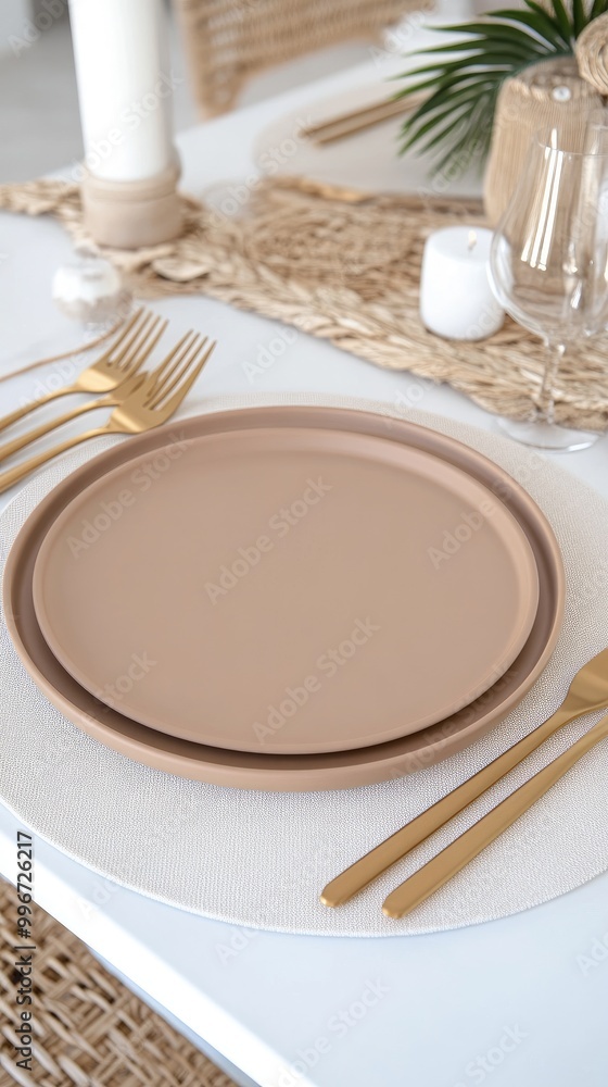 This stylish table setting features a beige plate and golden cutlery on a white linen placemat, accented with lush tropical palm leaves, perfect for a chic dining experience. This stylish table setting features a beige plate and golden cutlery on a white linen placemat, accented with lush tropical palm leaves, perfect for a chic dining experience.