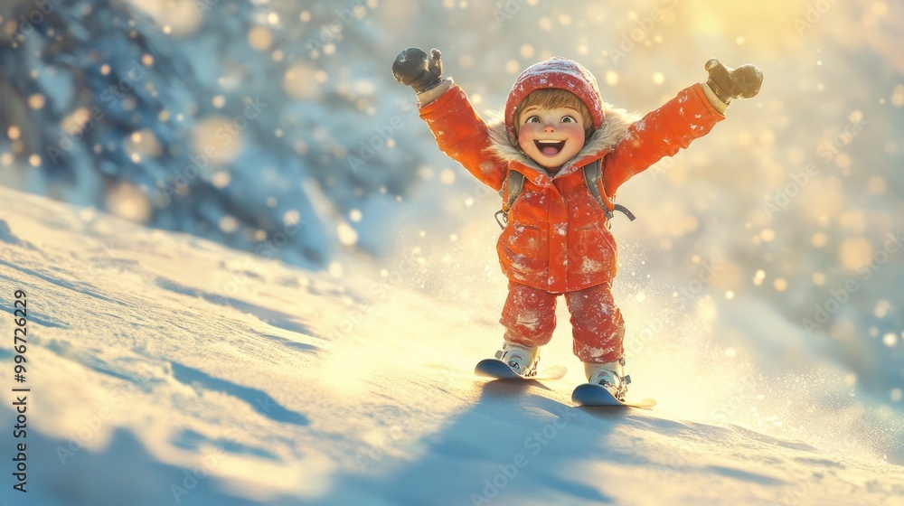 A joyful child in an orange snowsuit celebrates while snowboarding in a winter landscape. A joyful child in an orange snowsuit celebrates while snowboarding in a winter landscape.