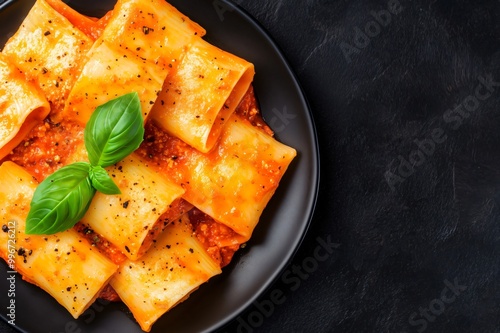 Paccheri pasta with tomato sauce, basil and pepper served on black plate on dark background