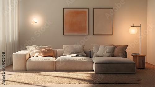 Cozy and inviting contemporary living room with a comfortable sectional sofa and minimalist stylish decor  Soft textures warm lighting photo