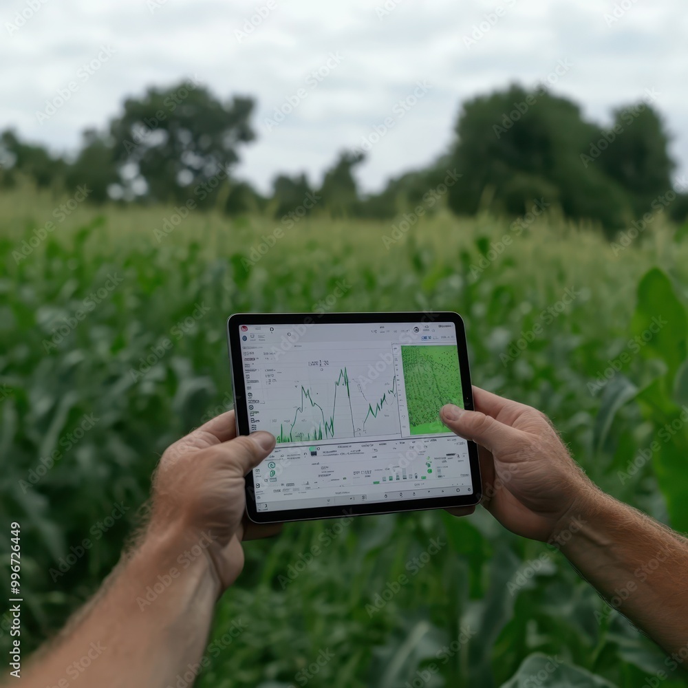 a person holding a tablet in a field with a green field a person holding a tablet in a field with a green field