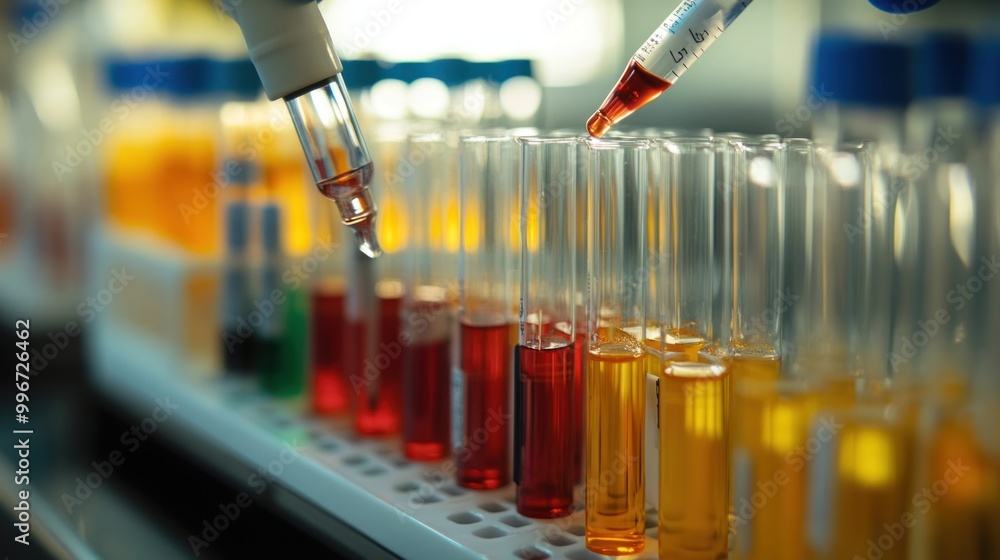 Laboratory scene with test tubes and pipettes filled with colorful ...