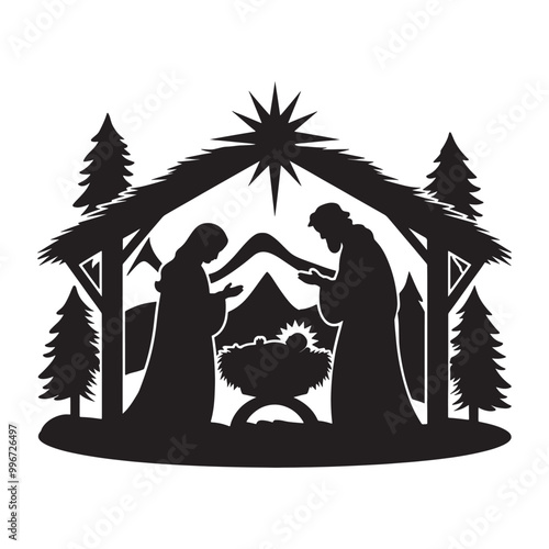 A beautiful nativity scene silhouette featuring Mary, Joseph, and baby Jesus under a stable, illuminated by the Star of Bethlehem.