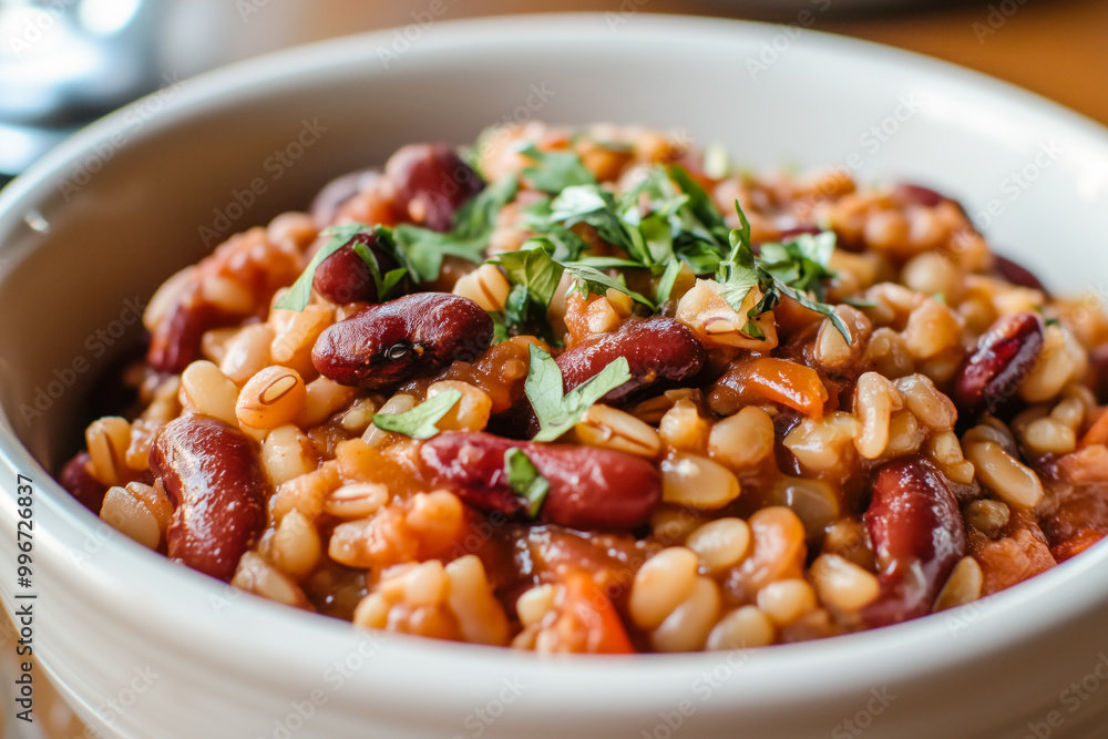 Close-up of red beans and farro in white bowl Close-up of red beans and farro in white bowl