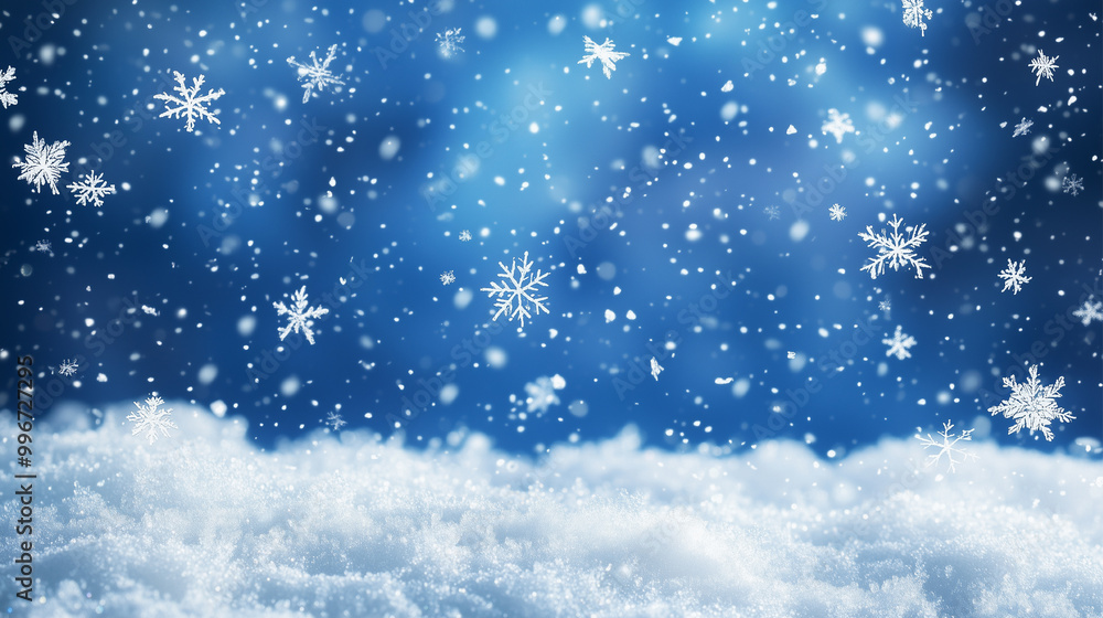 Obraz premium Falling snowflakes on blue Macro Snowflakes, Snow Closeup. Cold winter Illustration for Christmas product, text placement. 3D Serene Winter Design. Background. Christmas New Year Night Falling Snow.