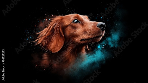  A tight shot of a dog's face against a black backdrop In the foreground, a blue and red substance is present