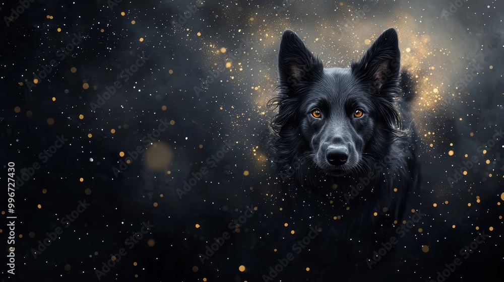 A tight shot of a dog's expressive face against a backdrop of black, adorned with golden and white speckles A tight shot of a dog's expressive face against a backdrop of black, adorned with golden and white speckles