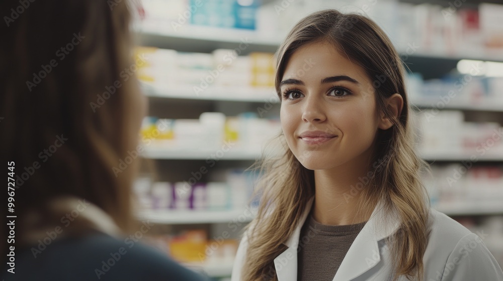 A pharmacist converses with a customer in a pharmacy setting. A pharmacist converses with a customer in a pharmacy setting.