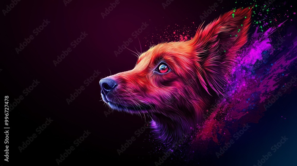 A tight shot of a canine's visage, adorned with vibrant paint splatters along its cheek A tight shot of a canine's visage, adorned with vibrant paint splatters along its cheek