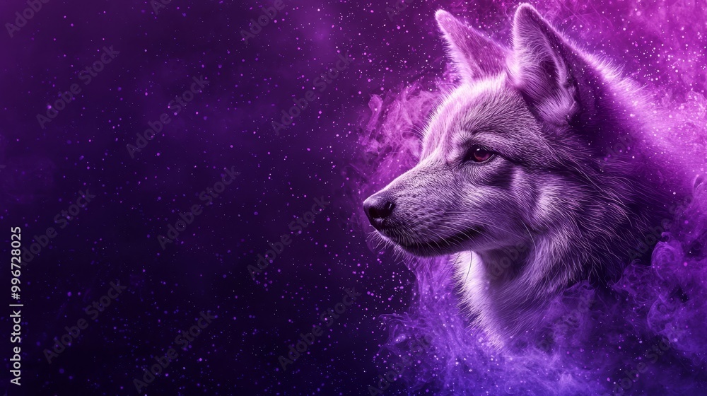  A tight shot of a dog's expressive face against a purple and blue backdrop, dotted with drifting smoke bubbles