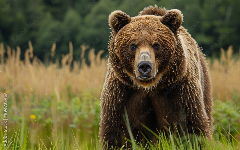 A brown bear stands in a field of tall grass A brown bear stands in a field of tall grass