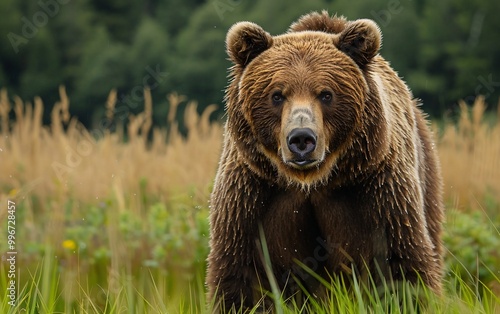 A brown bear stands in a field of tall grass