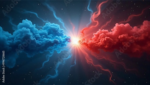青と赤と雲のようなエネルギーの塊が混ざりあうようにせめぎ合っているぶつかりあっているグラフィック

A clashing graphic in which blue, red, and cloud-like masses of energy are jostling and intermingling.
