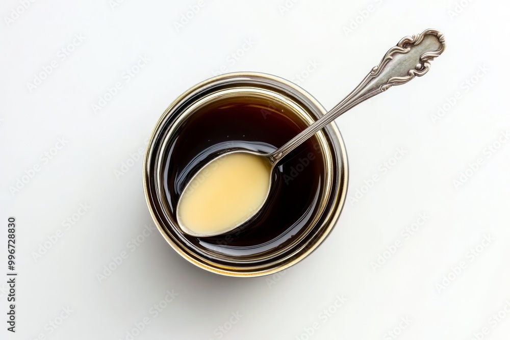 a small, delicate spoon resting on the edge of a glass jar, filled with creamy manjar and topped with plum syrup, isolated on white, viewed from above a small, delicate spoon resting on the edge of a glass jar, filled with creamy manjar and topped with plum syrup, isolated on white, viewed from above