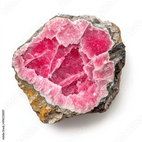 Bright Pink Rhodochrosite Crystal on White Surface photo