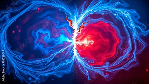 青と赤と雲のようなエネルギーの塊が混ざりあうようにせめぎ合っているぶつかりあっているグラフィック

A clashing graphic in which blue, red, and cloud-like masses of energy are jostling and intermingling.
