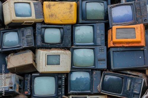 A collection of vintage televisions, covered in dirt and rust, piled high with various old screens photo