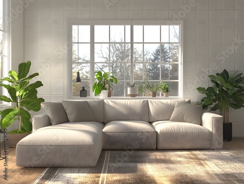 Cozy and Inviting Minimalist Modern Living Room with Comfortable Sectional Sofa Stylish Decor Bright Windows and Calming Atmosphere