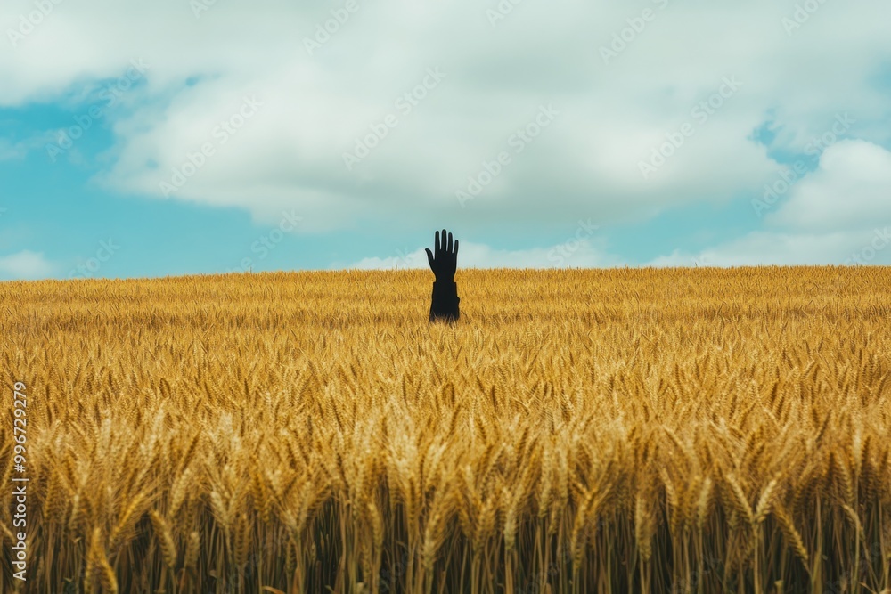 a solitary figure in a vast wheat field, with a black hand reaching out to touch the ripening crop a solitary figure in a vast wheat field, with a black hand reaching out to touch the ripening crop
