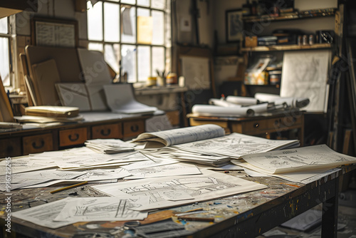 Artist's Studio Brimming with Creative Paper Sketches and Designs
