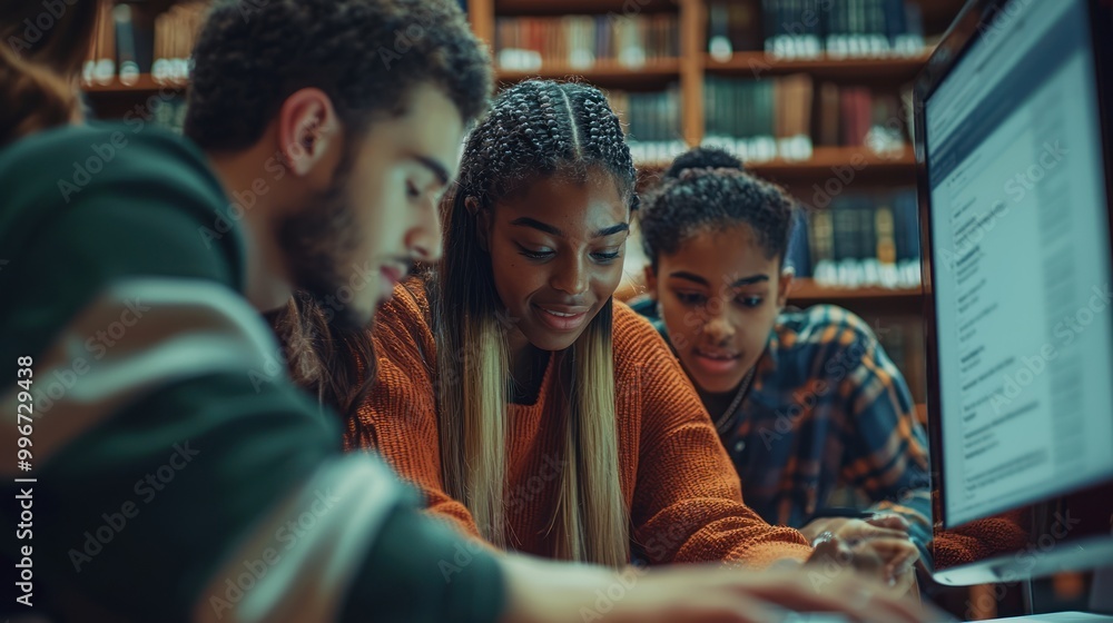 Group of diverse students in a library researching scholarship opportunities on a computer. Group of diverse students in a library researching scholarship opportunities on a computer.