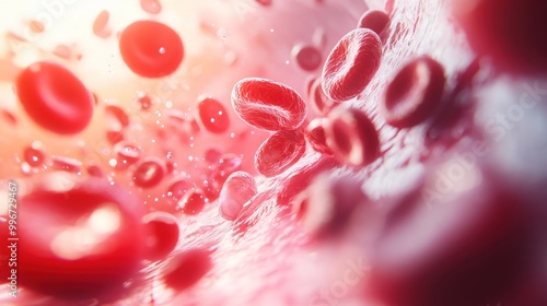 Close-up view of red blood cells flowing in a dynamic, abstract representation of blood.