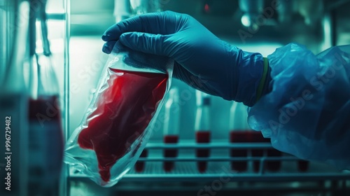 A hand in a glove holds a blood bag in a laboratory setting. photo