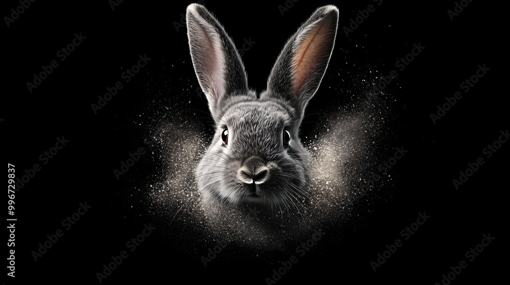A monochrome image of a rabbit's visage with specks of dust emerging from its ears A monochrome image of a rabbit's visage with specks of dust emerging from its ears
