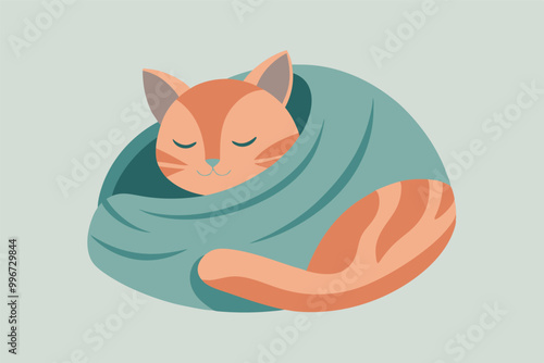 Cute orange tabby cat curled up asleep in a blue blanket.  Cozy and sleepy pet illustration.