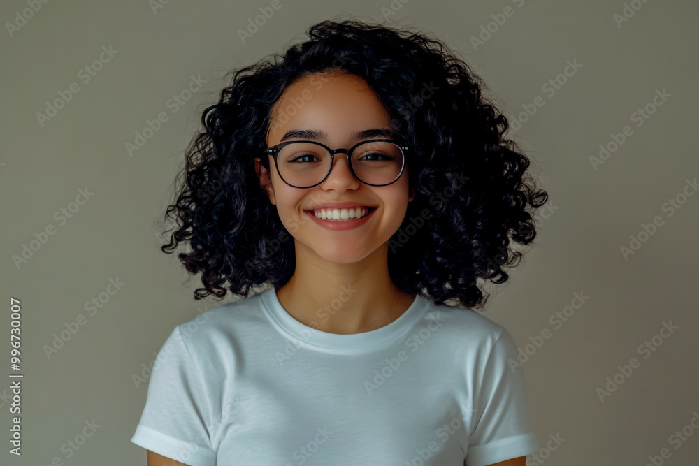 Cute, smiling young woman with curly black hair, glasses, and a white t-shirt. Cute, smiling young woman with curly black hair, glasses, and a white t-shirt.