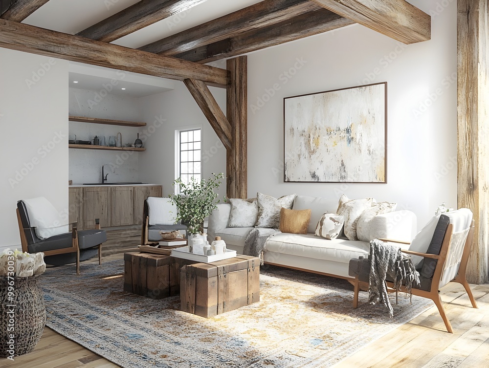 Fototapeta premium Cozy and inviting modern farmhouse style living room with distressed wood beams plush area rug and rustic decor accents