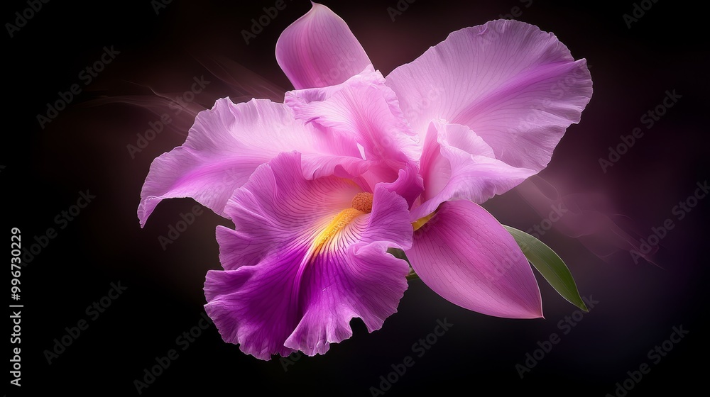 Fototapeta premium A pink flower, tightly framed against a black backdrop, with a softly blurred flower outline in the distance