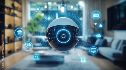 A futuristic security camera surrounded by smart home icons in a modern living room.