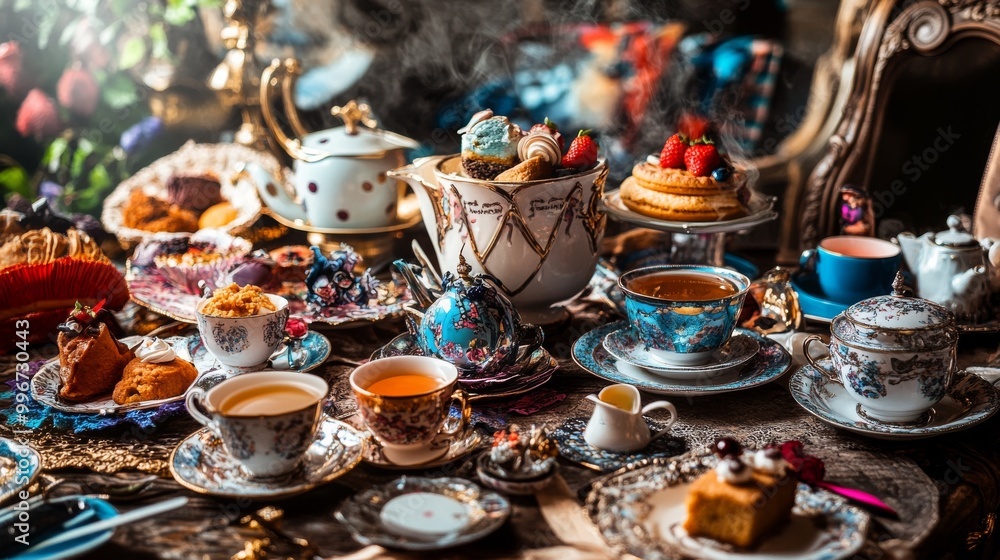 Mad Hatter’s Table Set for Tea: A detailed banner background of Mad Hatter Day with mismatched cups, saucers, and tea cakes, Mad Hatter’s Table Set for Tea: A detailed banner background of Mad Hatter Day with mismatched cups, saucers, and tea cakes,