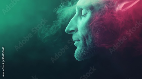  A man with closed eyes exhales smoke against a backdrop of green and red