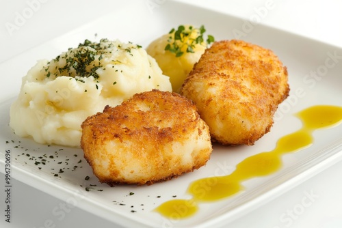 a steaming hot plate of cod croquettes served with a side of creamy mashed potatoes and a drizzle of olive oil