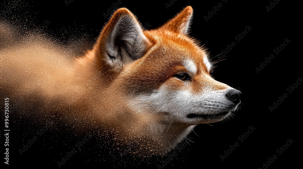 Fototapeta premium A tight shot of a dog's expressive face, its fur matted with grains of sand against a stark black backdrop