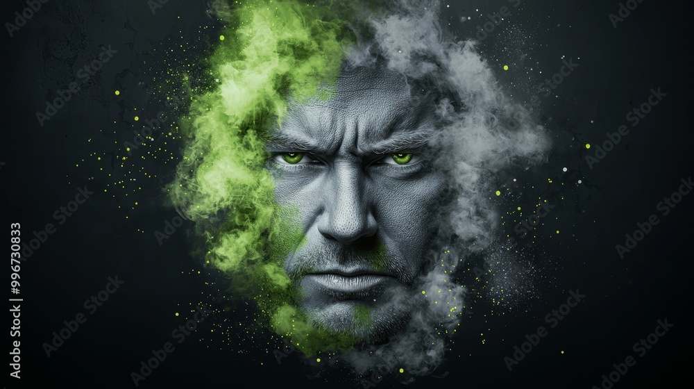 Man's face with green smoke emanating from his eyes Man's face with green smoke emanating from his eyes